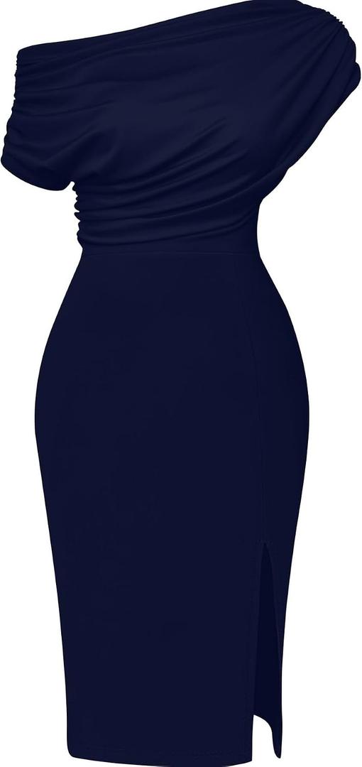 Memoriesea Women's Elegant Off Shoulder Split Hem Bodycon Ruched Midi Club Party Dress XL
