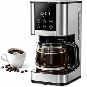 10 Cup Programmable Drip Coffee Maker, Adjustable Brew Strength, Pause & Serve, Heat Resistant Glass Carafe, Permanent Filter, Auto Shut Off, Stainless Steel, Compact Coffee Machine for Home Office
