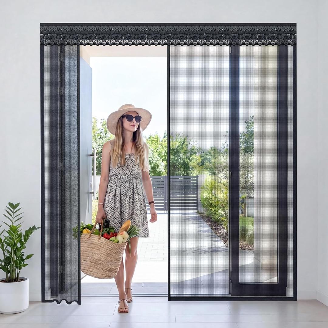 72x80 inch Sliding Magnetic Screen Door with Curtain Track, Retractable Fiberglass Mesh for Wide Patio & French Doors, 4cm Widened Top, Pet & Kid Friendly