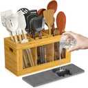 Yofidra Bamboo Utensil Holder & Silverware Organizer: Extra Large Cooking Holder with Absorbing Drying Stone and 6 Compartments Kitchen Countertop Storage Farmhouse Decor Accessories 11.8"X4.7"X5.9"