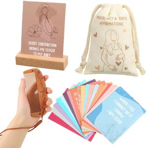Yungyan 23 Pcs Birthing Comb Gifts Set Includes Wooden Labor Comb Pregnancy Affirmation Cards Canvas Bag for Pregnant Women Labor Pain Relief Essentials, New Mom Positive Encouragement Gifts