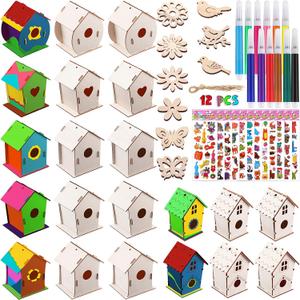 Tuanse 107 Pcs Wooden Birdhouse DIY Kits Includes 21 Unfinished Wood Mini Bird House 24 Watercolor Pen 50 Bird Butterfly Flower Slices 12 Animal Stickers for Adults DIY Craft Making Supplies (Cute)