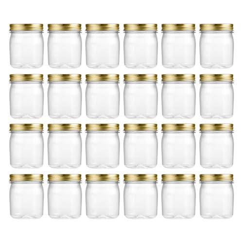 novelinks 8 oz Clear Plastic Jars with Airtight Lids, 24 Pack Plastic Mason Jars with Lids 8oz, Refillable Storage Slime Containers & Small Spice Jar for Kitchen Organization (24 Pack,Gold)