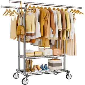 Heavy Duty Clothes Rack, Rolling Clothing Rack With Shelves Load 620 LBS, Double Rod Clothing Racks for Hanging Clothes, Portable& Adjustable Clothes Rack with Wheels Garment Rack (Sliver)