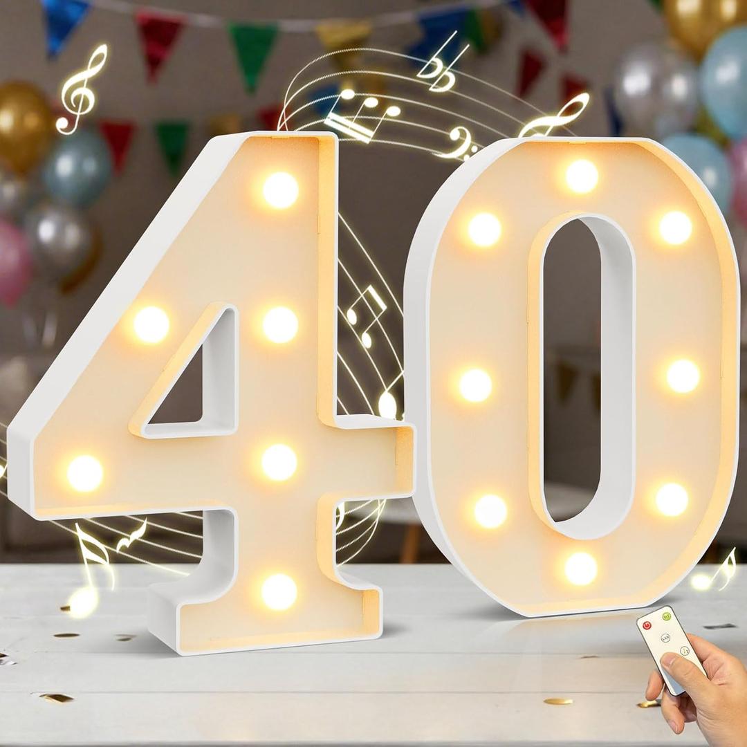 Marquee Numbers Lights Sign with Birthday Music, LED Decorative Light up Number 40 with Remote for Party Anniversary Decorations Wedding Christmas Home Decor, Battery Operated, White Plastic