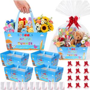 Moinchore 12 Set School's out for Summer Basket for Gifts Empty 9.8x6.5'' Happy Last Day of School Market Tray Cardboard with Bows, Cellophane Bags, Twist Tiles, Empty to Fill for Holiday Party Supply