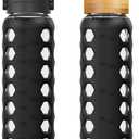 MUKOKO 32oz Glass Water Bottles with 2 Lids-Handle Spout Lid&Bamboo Straw Lid, Motivational Water Tumbler with Time Marker Reminder and Silicone Sleeve, Leakproof-Black-1 Pack