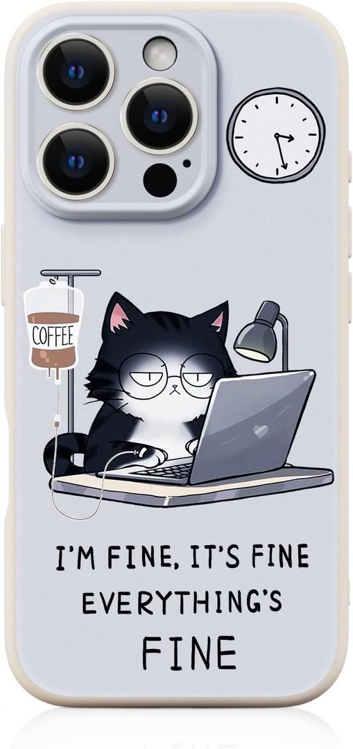 Silicone Phone Case for iPhone 16 Pro Max Compatible with Magsafe, Cute Coffee Dringking Cat Funny Anime Design Shock Proof Heavy-Duty Protection for Cat Lovers Women Men (White)