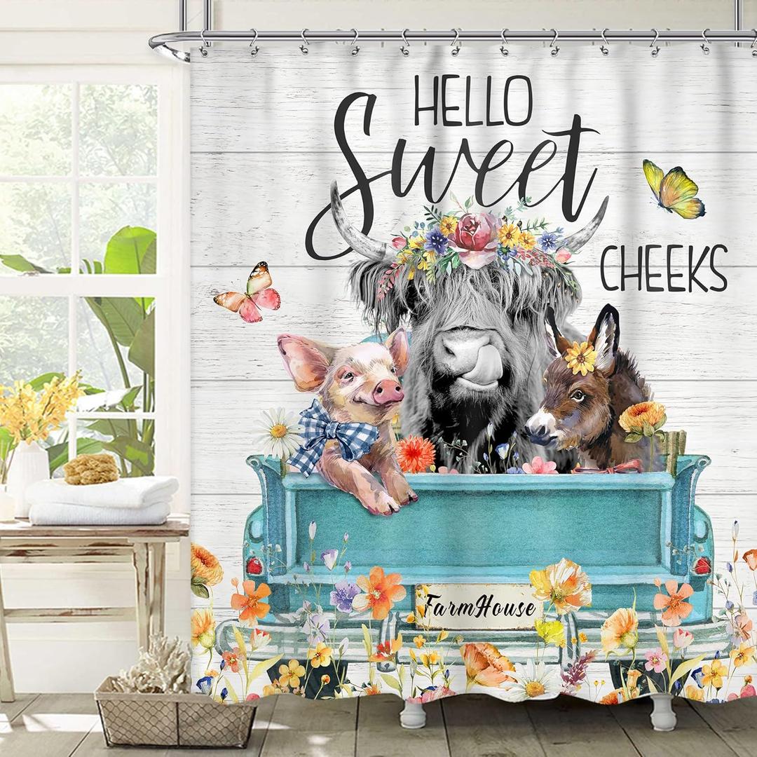 Highland Cow Farm Shower Curtains for The Bathroom, Cute Cow Chicken and Pig with Flowers on Truck Bathroom Set, Western Farmhouse Rustic Animals Funny Waterproof Bath Accessories 72Wx72H Inch