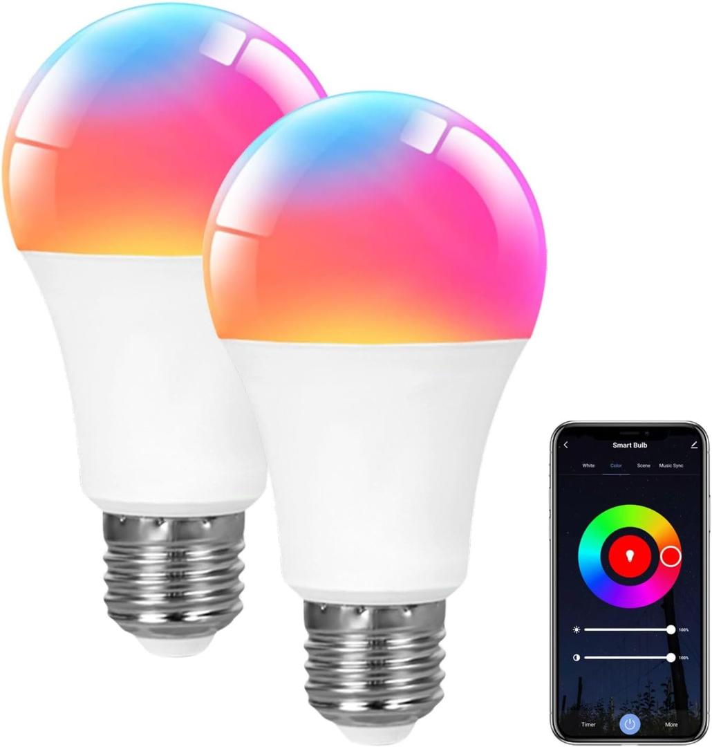 A19 Smart Light Bulb, 9W 900LM RGB+CCT LED Bulb - 16 Million Vibrant DIY Colors, Music Sync via Tuya, Works with Alexa & Google Assistant - 2.4GHz No Hub Required for Home Decor(2Pack)