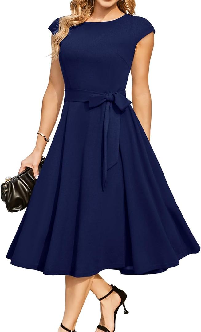 DRESSTELLS Women's Cocktail Dresses, Formal Wedding Guest Modest Church Vintage Tea Party Midi Evening Dress (Large, Navy)