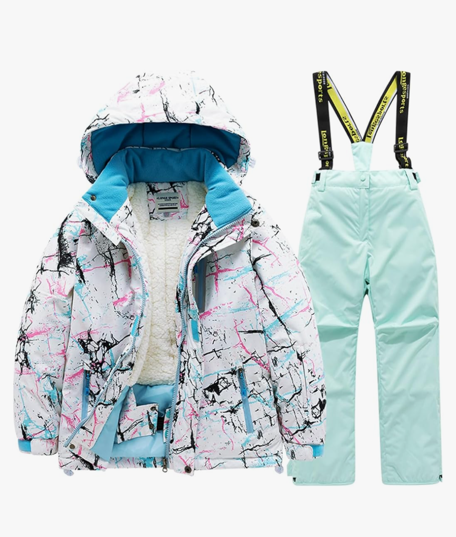 Children's Fleece Lined Ski Snow Jacket Set Kids Windproof Zip Up Hooded Jackets and Suspender Pants Clothes, Size: 14