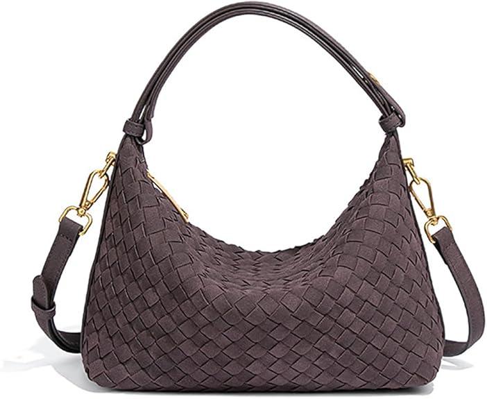 Suede Shoulder Bag for Women Retro Crescent Woven Hobo Purses Slouchy Crossbody Handbag with Adjustable Strap