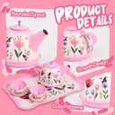 Floral Tea Party Set for Little Girls Ages 3-6, 15-Piece Pretend Play Kitchen Toys with Teapot, Cups, Plates & Storage Case, Princess Gift Set (Pink)
