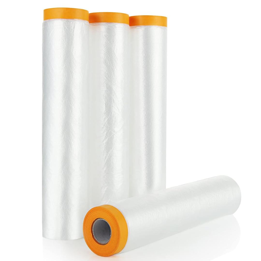 4 Rolls 8 x 66 Feet Plastic Sheeting, Painters Plastic Drop Cloths for Painting, Pre-Taped Masking Film Tape and Drape for Automotive Painting Covering, Furniture Floor Dustproof Cover
