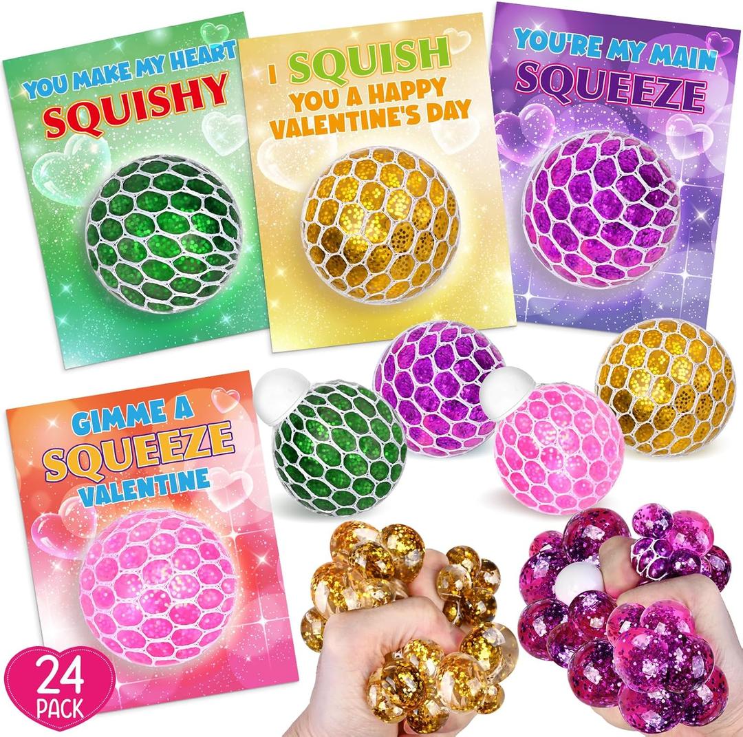 SpringFlower 24 Pack Valentines Day Card,Valentines Day with Squeeze Stretch Fidget Toy Ball,Kids School Classroom Valentines Card Gifts Exchange Valentine Party Favors Prize for Kids