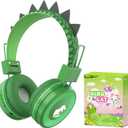 QearFun Kids Bluetooth Headphones, Dinosaur Kids Headphones Wireless with Microphone, Safe Volume 85 dBA, Bluetooth 5.3, Girls Toddler Headphones with Aux Cord for iPad/Tablet/Travel/School, Green