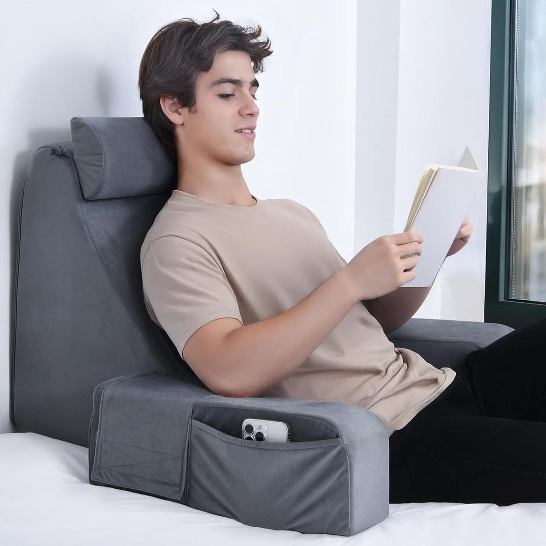 ENITYA Reading Pillow with Arms for Bed Support, 21" Large Back Support Pillow for Sitting up, Wedge Pillow for Reclining, Watching TV, Reading, Gaming, Resting in Bed, Couch or Floor, Grey (Large(Above 5'10"))