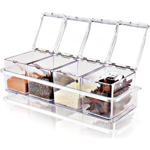 4 Pieces Clear Seasoning Box - Cruet with Cover and Spoon,Seasoning Rack Spice Pots for Sugar, Salt, Pepper and Other Spices