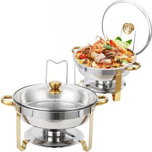 Chafing Dishes for Buffet Set of 2, 5QT Buffet Servers and Warmers, Round Catering Food Warmers Stainless Steel Chafing Dish Buffet Set with Glass Lid & Lid Holder for Parties Events, Gold