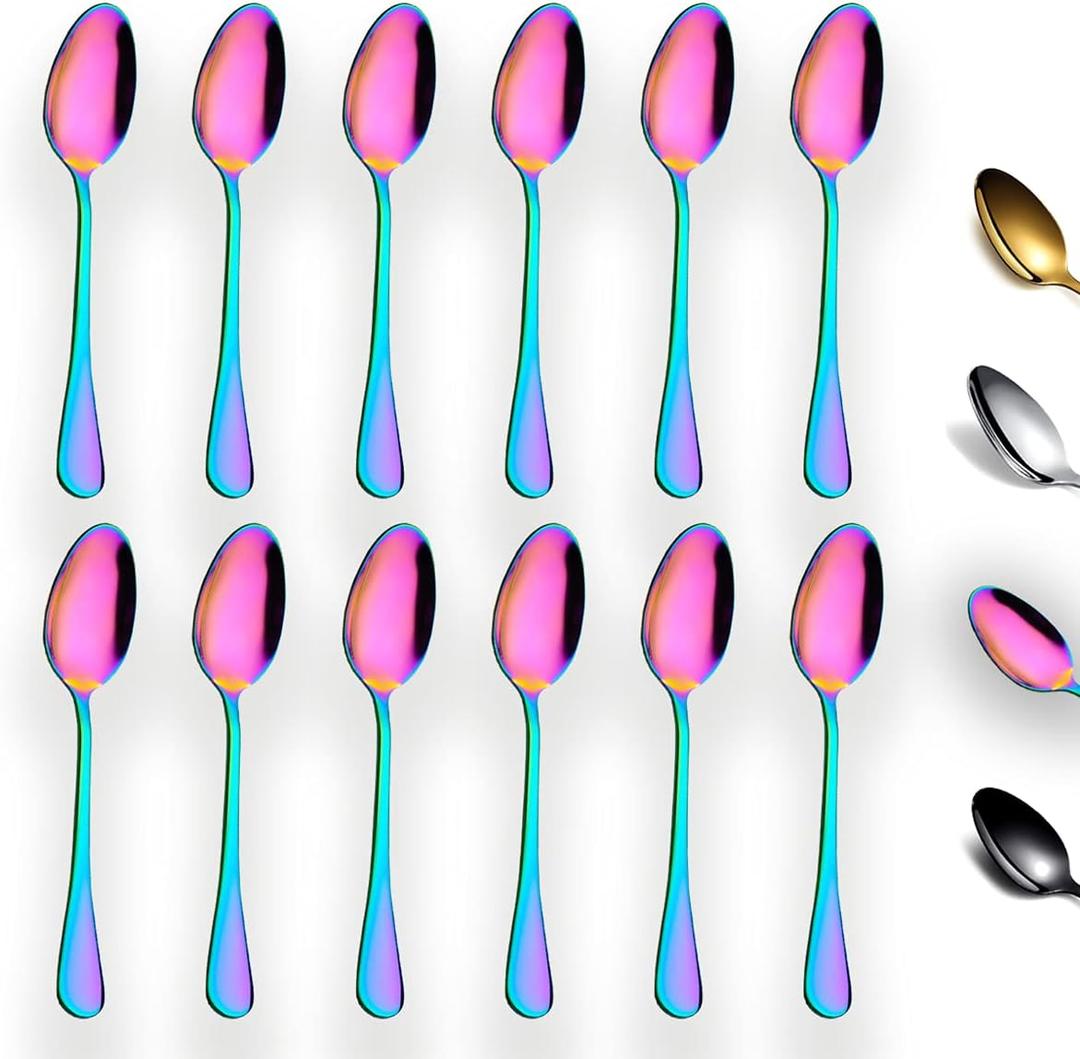 Rainbow Teaspoons 6.5" Set of 12, Berglander Stainless Steel Titanium Plating Shiny Mutil-Color Tea Spoons Silverware, Colorful Tea Spoon Small Dessert Spoon Teaspoon Easy To Clean Dishwasher Safe