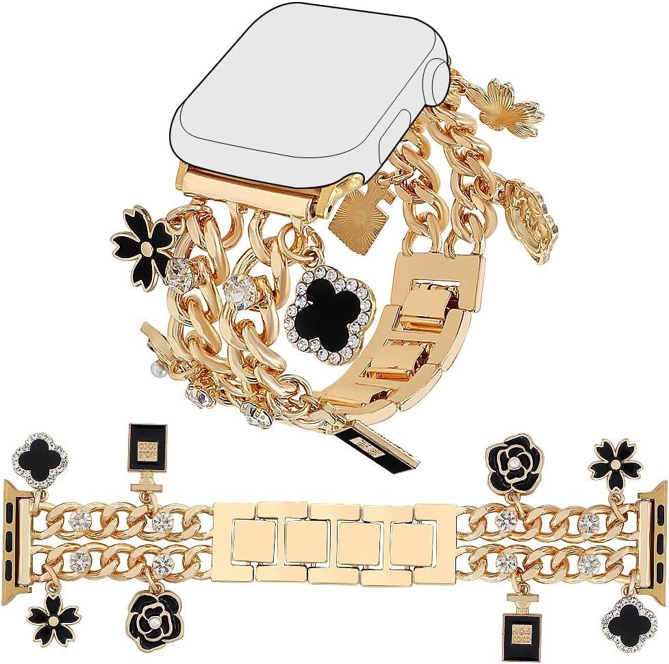 YONWORTH Cuban Chain Band Compatible with Apple Watch Bands 38/40/41/42/44/45 46 49mm Women,Bling Diamond Chain Dressy Metal Wristband Cute Charms Pendants for iWatch Series 10 9 8 7 6 5 4 3 SE Ultra