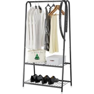 Buzowruil Metal Small Clothes Rack,Clothing Garment Rack with Double Layer Shelf for Clothes,Dress, Shoes,Black