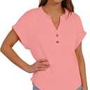 Women's V Neck Short Sleeve T Shirts Casual Henley Button Down Loose Fit Summer Tops Soft Roll Up Sleeve Tunic for Daily Wear, Peach Red, Large (Red, L)