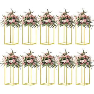 10 Pcs 15.75inch Gold Wedding Flower Vase Metal Column Flower Stand, Geometric Centerpieces Vase for Table, Home Party Wedding Decorations