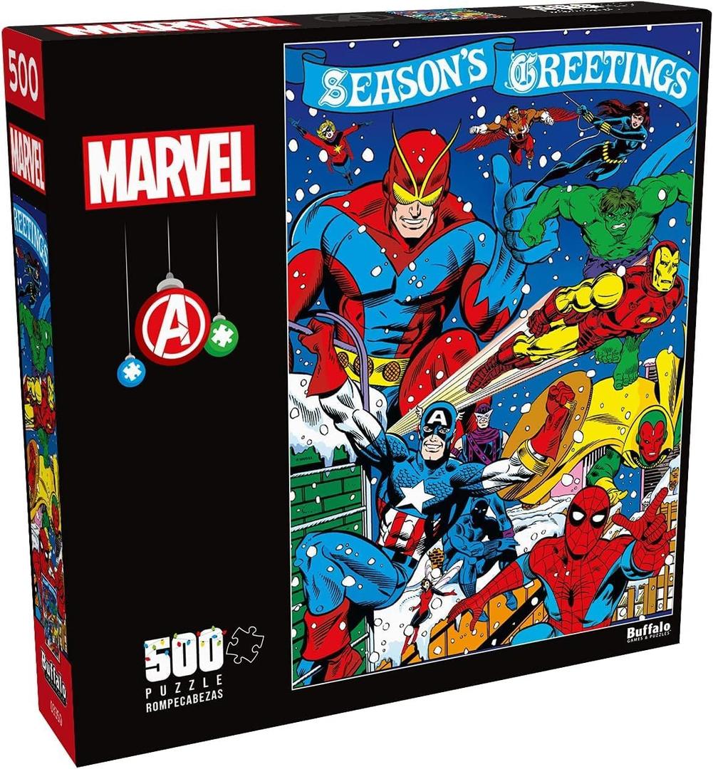 Buffalo Games Marvel - Season's Greeting from The Avengers - 500 Piece Christmas Jigsaw Puzzle - Festive Holiday Puzzles for Adults Precision-Cut Pieces, Winter Artwork