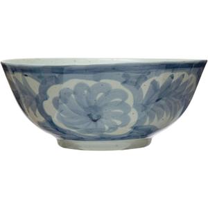 Hand Painted Stoneware Bowl with Floral Design, Blue and White, 14 inches x 14 inches x 6 inches