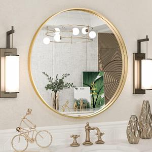 TokeShimi Brushed Gold Round Mirror 24 Inch Gold Round Vanity Bathroom Mirror for Wall Aluminum Alloy Matte Metal Frame Modern Gold Circle Mirror Fit in Minimalist Multi Style Home Decor