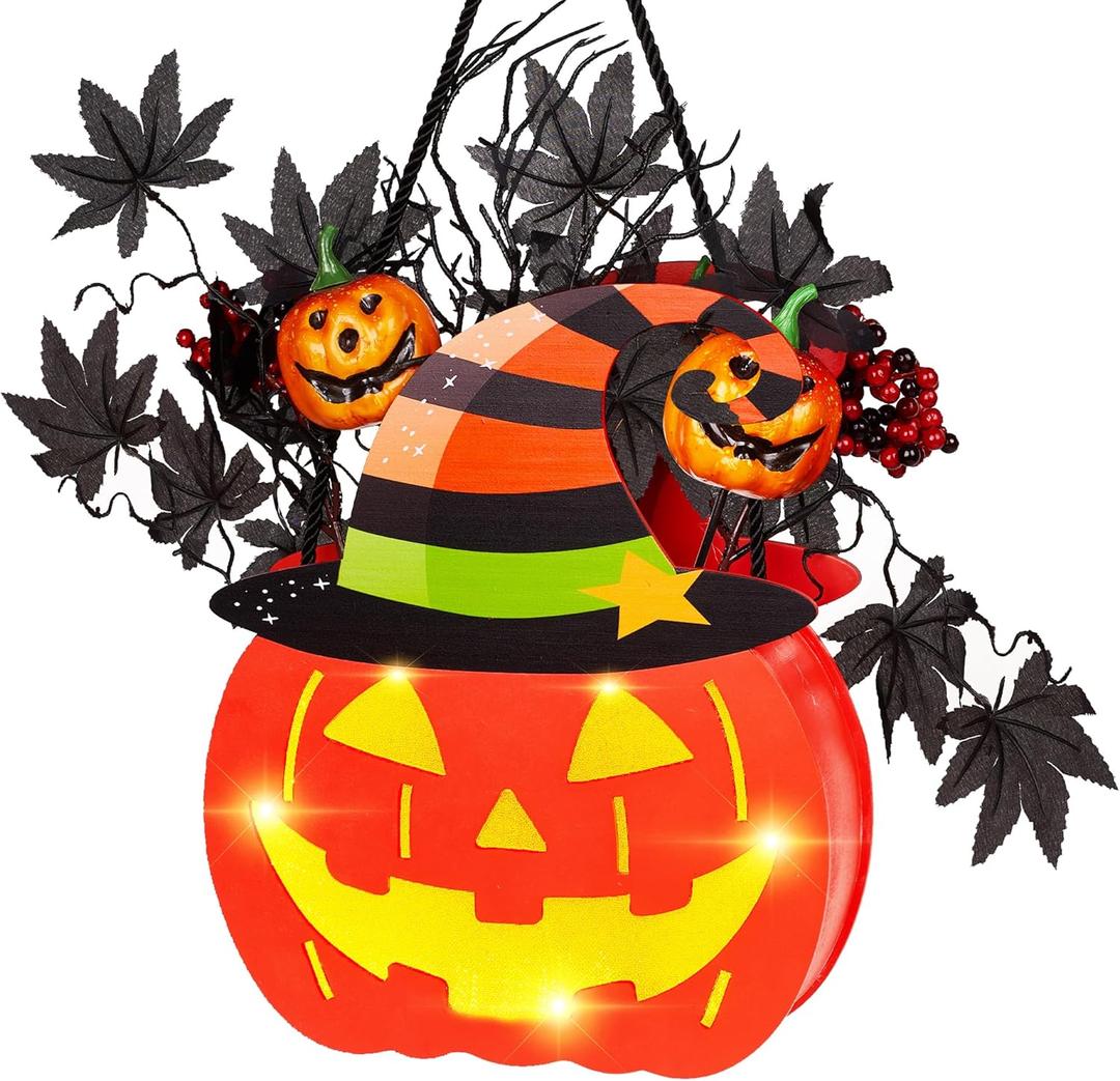 BlcTec Halloween Pumpkin Lights, 10 inch Lighted Big Jack-O-Lantern with Maple Leaves, Berries, Twigs, Witch's Hat, Battery-Operated Premium Wood Pumpkin with Timer for Halloween Decorations, 