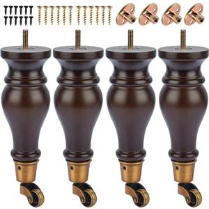 9 inch / 22cm Wooden Furniture Legs with Casters Wheels, Pack of 4 Classic Walnut Solid Wood Round DIY Replacement Bun Feet for DIY Project Sofa Couch Cabinet Ottoman Bed Riser