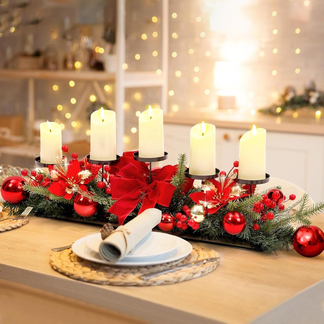 Christmas Tabletop Centerpiece 30 Inch Christmas Poinsettia Candle Holder with 5 Candle Artificial Table Decorations with Red Berries Gold Plants(Bowknot)