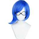 Short Blue Bob Wig + Black Glasses + Wig Cap Blue Anime Emotion Cosplay Costume Wigs with Bangs Side Part Synthetic Hair for Women Halloween Party