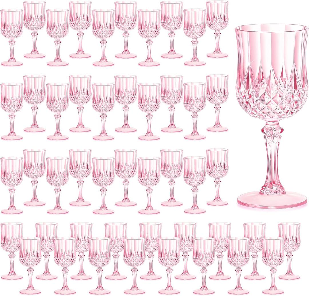 7OZ Plastic Wine Glasses, Reusable Vintage Goblets Unbreakable Drinking Glasses Crystal Water Cups Champagne for Wedding, Parties, Mother's Day (48, Pink), 2.65 Inches X 6.6 Inches