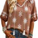 Halife Womens Flowy Boho Summer Tops Tassel Tie V Neck Short Sleeve Blouses (Brown, XL)