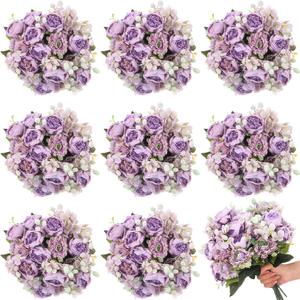 Crowye 16 Bundles Artificial Peony Silk Flower Hydrangea Fake Peony Bouquet Elegant Faux Flowers with Stems for Wedding Table Centerpiece Party Home DIY Decoration (Purple)