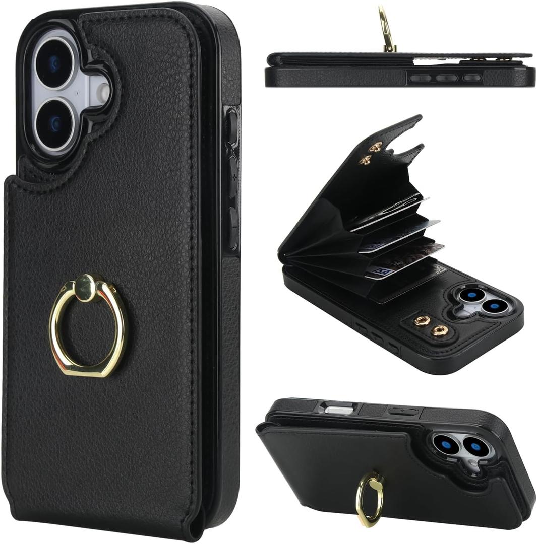 Folosu Compatible with iPhone 17 Case Wallet with Card Holder, 360Rotation Finger Ring Holder Kickstand, RFID Blocking Leather Protective Double Buttons Shockproof Cover 6.3 Inch Black