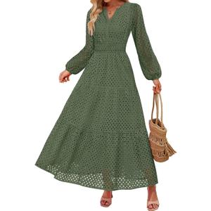 ZESICA Women's 2026 Spring Long Sleeve Maxi Dress V Neck Hollow Out Eyelet A Line Long Flowy Casual Party Dresses (Green, M)