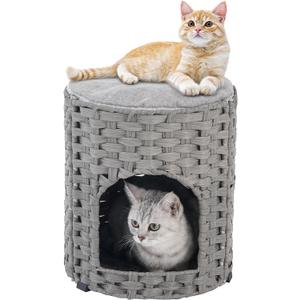 SETVSON Cat House for Indoor Cat, Small Cat Houses Handwoven PE Rattan Kitten Cave, Pet Kitten Bed Covered, One Bed Pad, 13 x 13 x 13.7 Inches, Foldable Hideaway in Living Room Gray