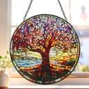 Stained Glass Window Hanging, 8 Inch Tree of Life Stained Glass Suncatchers for Indoor Windows Wall Kitchen Home Room Decor Ornaments Gifts for Women Mom Grandma Birthday Mother's Day