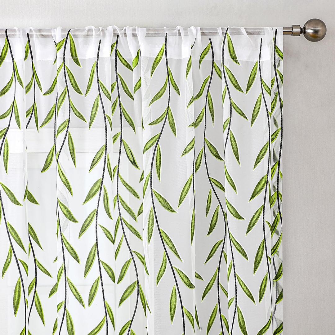 BROSHAN 72 inch Length Sheer Curtains for Windows, Light Green Leaves Pattern White Sheer Curtains 2 Panel Vine Curtains 72 inches Long Transparent Curtain Drapes for Living Room, Bedroom (52"W x 72"L (Pack of 2))