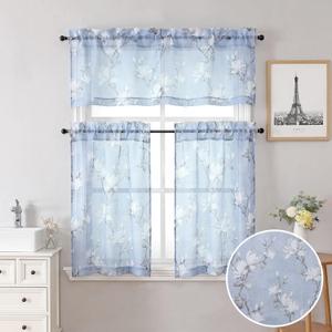 SMILE WEAVER Kitchen Curtains Tiers and Valances Set 3 Piece,Floral Short Semi Sheer Linen Curtains for Bedroom/Living Room,Light Filtering Window Drapes for Bathroom(Blue,52Wx18L&26Wx36L)