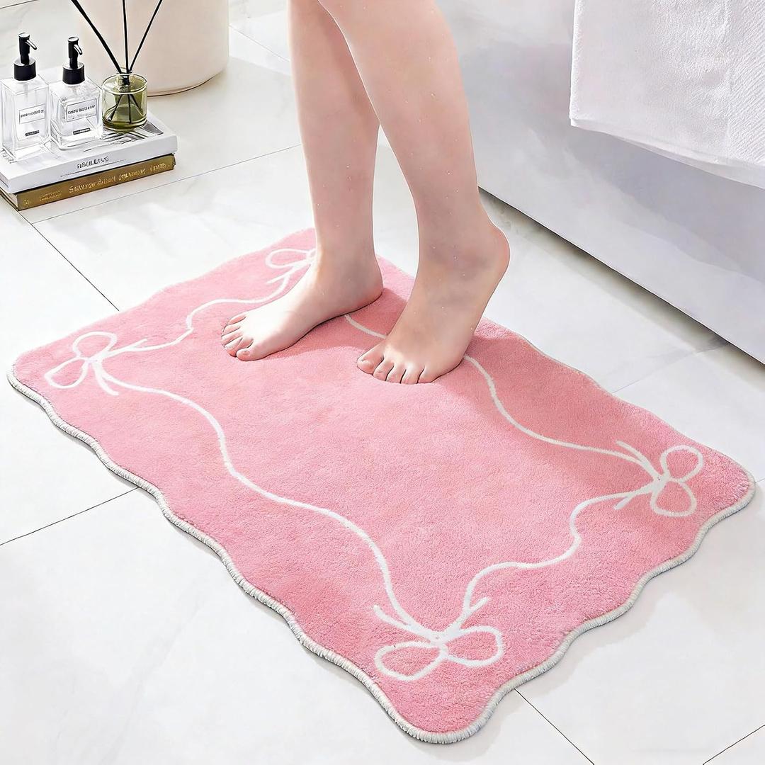 Light Pink Bow Bath Mat Cute Bathroom Rugs, Soft Absorbent Bow Carpet, Girly Bathroom Decor Rugs Non Slip & Machine Washable (M)
