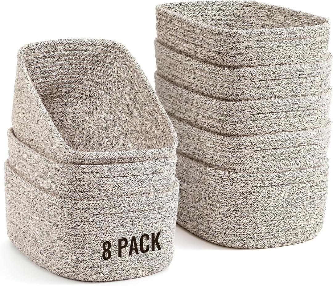 8 Pack Small Storage Baskets for Organizing, Woven Rope Bins for Bathroom, Closet, Shelf Organizer, Cute Cube Decorative Box for Towels, Baby Nursery, Toys, Gift Empty Baskets - 11.5"x7.5"x4.7"-Brown
