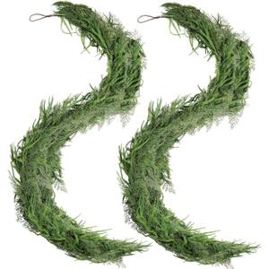 2 Pcs 9FT Christmas Garland for Mantle, Artificial Real Touch Norfolk Pine & Cedar Garlands for Xmas Decoration Indoor Outdoor, Realistic Greenery Christmas Garland for Stairs Railing, Fireplace