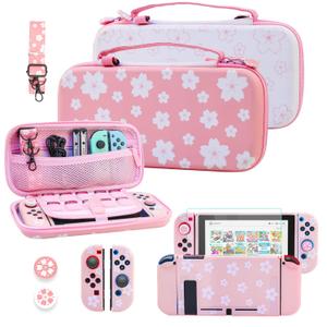 RHOTALL Two-Color Cherry Blossom Carrying Case for Nintendo Switch, Potable Storage Bag for Switch Accessories with Protective Case, Screen Protector, Adjustable Shoulder Strap and 2 Thumb Caps (pink and white)