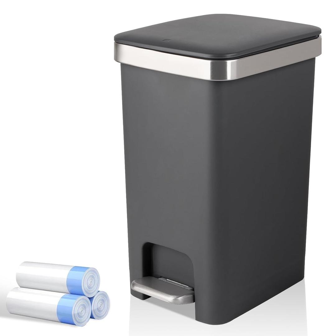Small Bathroom Trash Can with Lid and 3 Rolls Trash Bags, Step Pedal Wastebasket Plastic Garbage Can with Pop-Up Lid 2.6 Gallon Bin for Kitchen, Bedroom, Office, Dorm, Laundry, Toilet, Rv,Dark Grey